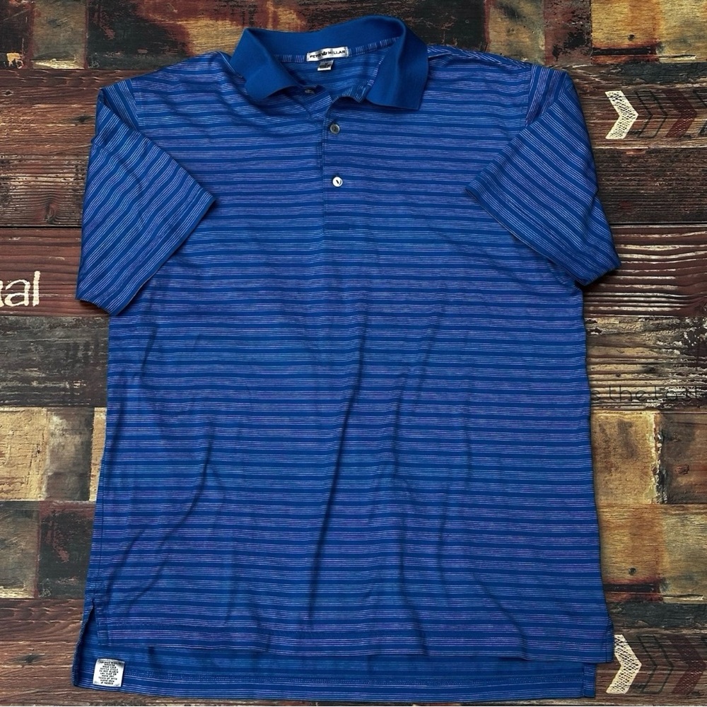 Peter Millar Performance Golf Polo Shirt Sz M Blue Striped Short Sleeve Stretch